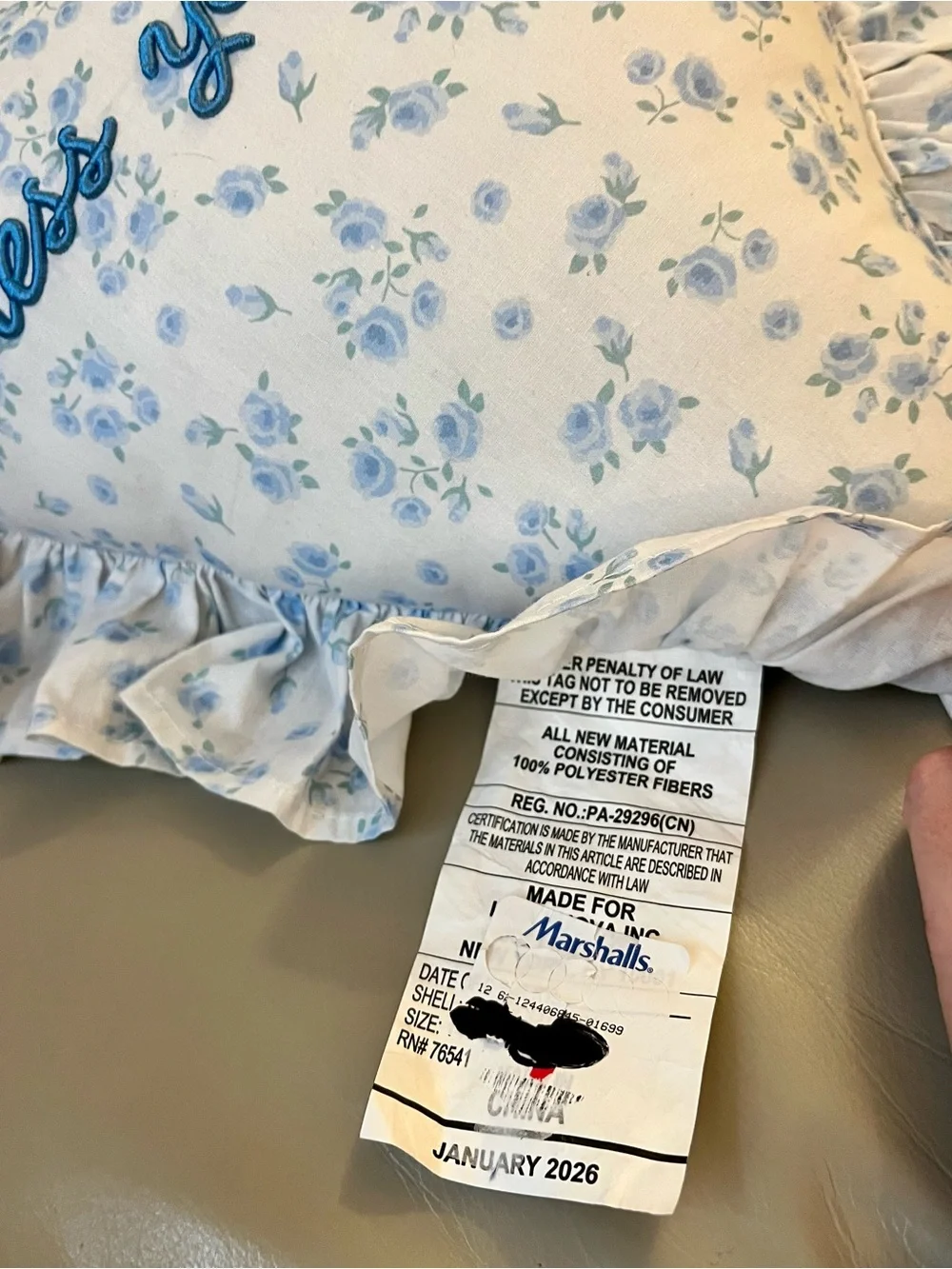 🩵 Bless Your Heart embroidered heart shaped ruffle pillow in blue & white floral